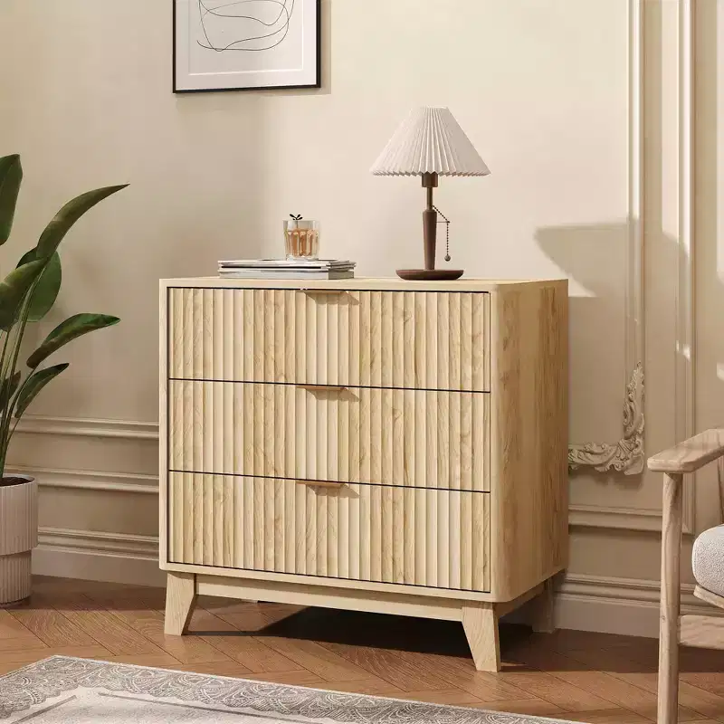 Acekool Fluted Nightstand with 3 Drawers Modern Wood Bedside Chest for Bedroom Living Room Entryway