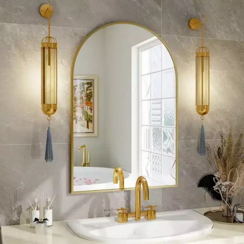 24 x 36 Arched Mantle Mirror, Black/Gold-HOMLUX: Metal Frame, Wall Mount, Modern Decor