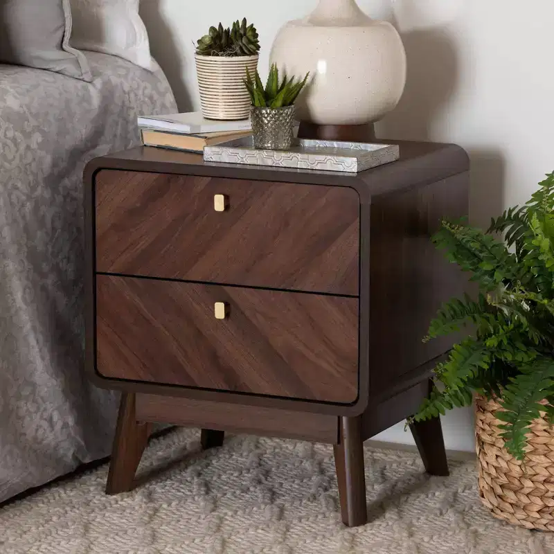 Baxton Studio Markell 2 Drawer Wooden Nightstand Walnut Brown: Elegant Bedside Furniture, MDF Particle Board