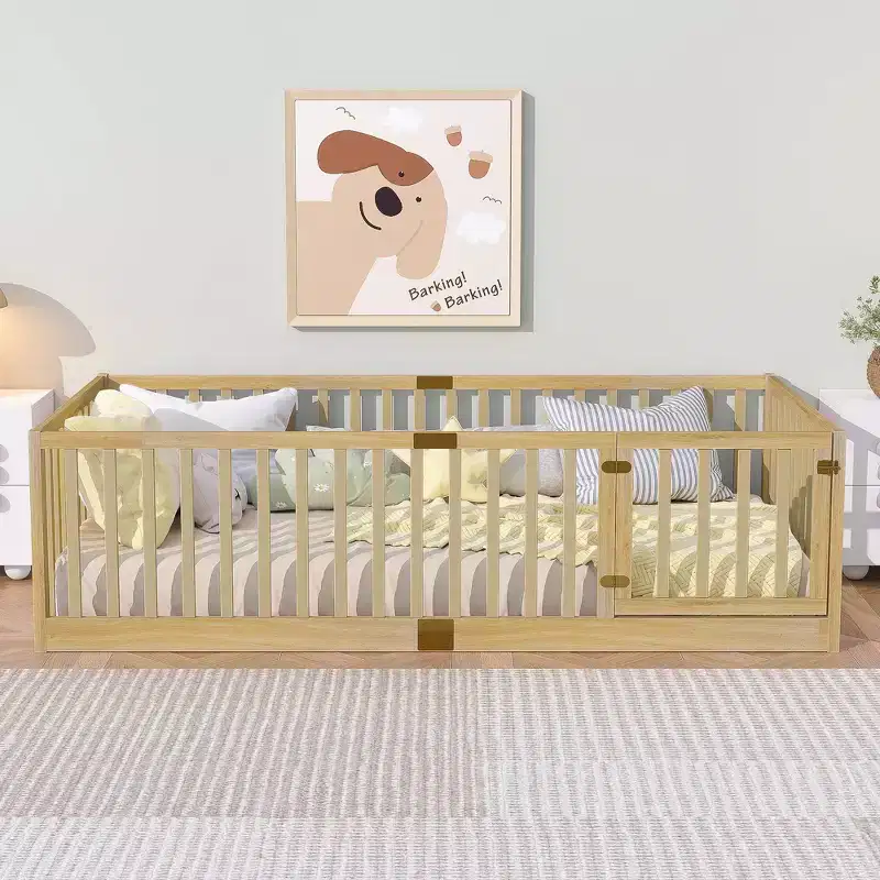 Rubber Wood Floor Bed with High Fence Guardrails and Door Includes 6 Slats