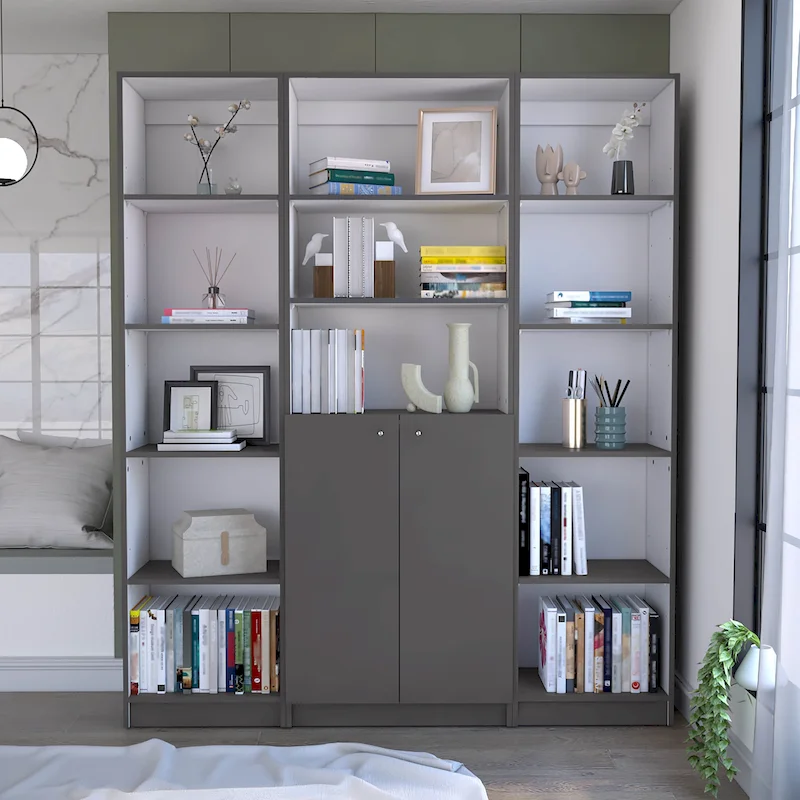 Kenyon 60 Wide 5-Shelf and Cabinet Bookcase Set of 3 Matt Grey - White