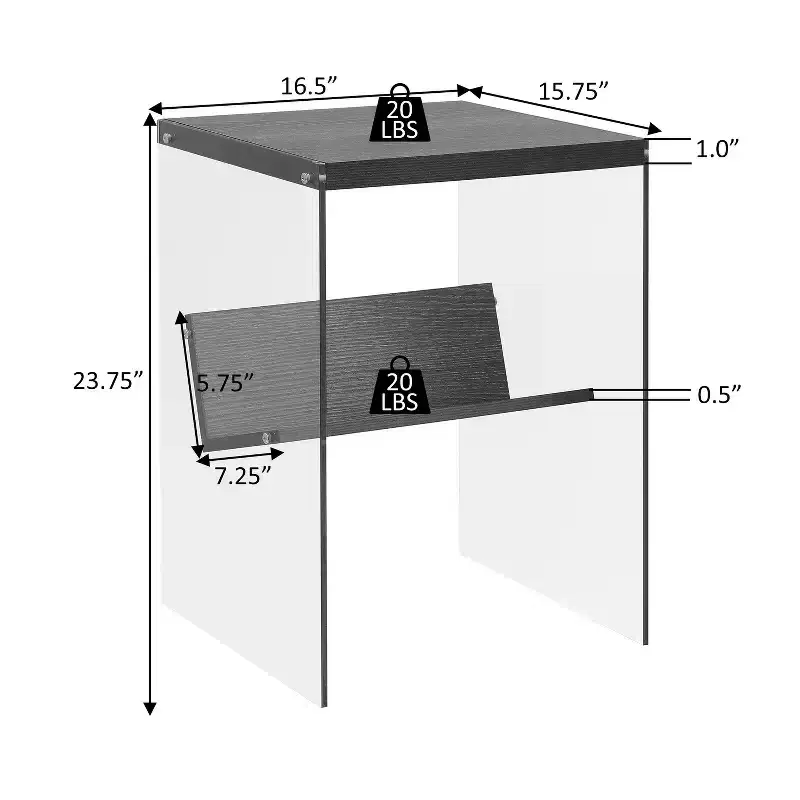 HomeStock Belmont Minimalist Glass End Table with Lower Shelf, Clear Side Panels, Particleboard Top and Modern Contemporary Design