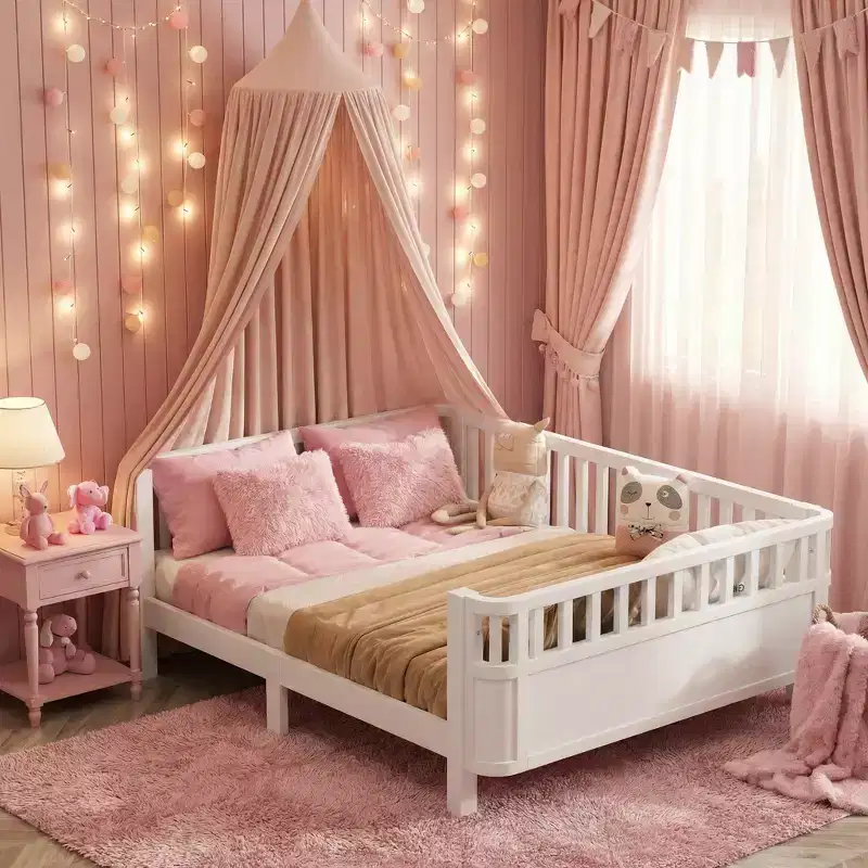 Full Size Wood Platform Bed for Kids, Wood Low Profile Full Bed with Rails for Girls and Boys, White