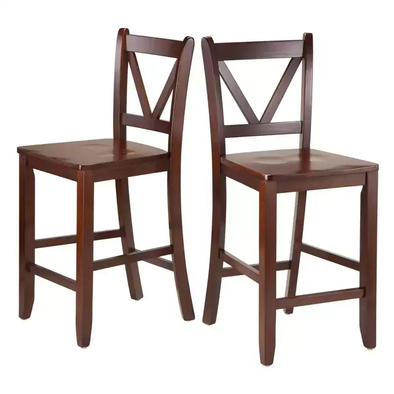 Set of 2 V-Back Counter Height Barstools, Solid Wood, Walnut Finish, 24