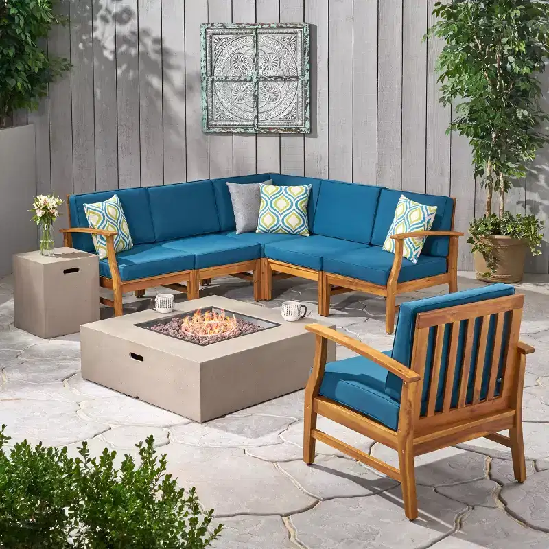 Christopher Knight Home Illona Outdoor Acacia Wood 6 Seater Sectional Sofa and Club Chair Set with Fire Pit