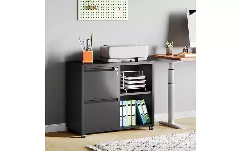 Metal Lateral File Cabinet with Lock, 2-Drawer Rolling Printer Stand with Shelf, Mobile Storage Cabinet for Home Office