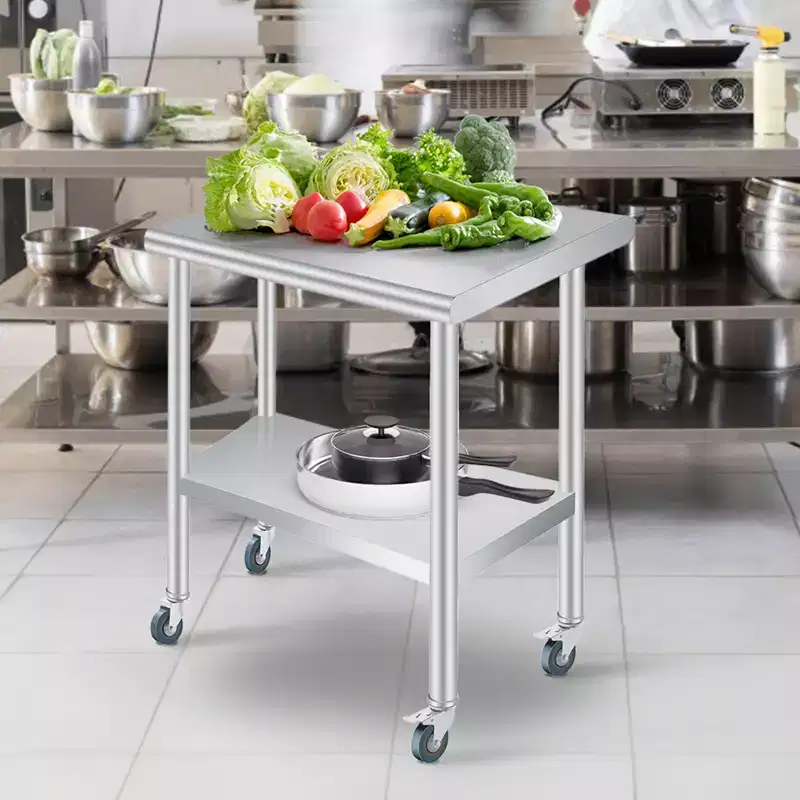 Stainless Steel Prep Table with Rounded-Corner, Adjustable Undershelf and 4 Caster Wheels, Commercial Heavy Duty Table with Adjustable Under Shelf