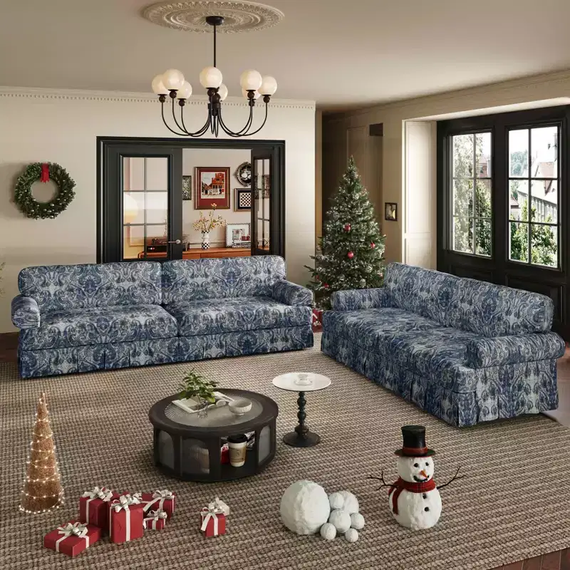 93.7 Luxuriously Comfortable 4 Seater Cloud Couch, Chenille Fabric Sofa with Rolled Arms & Pleated Skirt Blue Floral