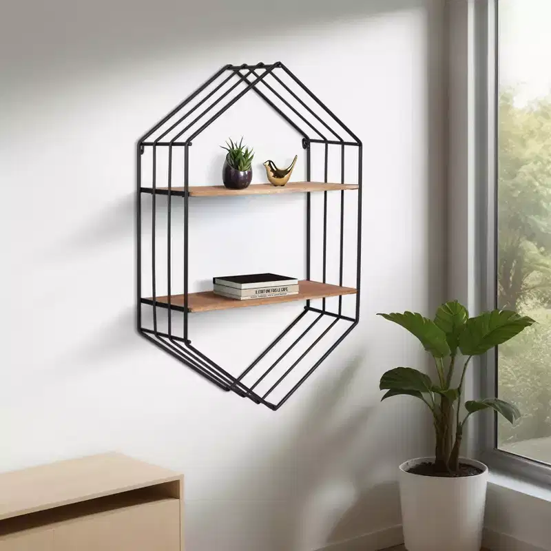 Metal Hexagon Wall Shelf with Wood Shelves, 32