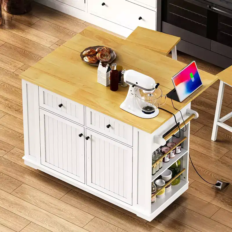 48-inch Large 5-Wheel Kitchen Island with 2 Bar Stools, Power Outlet, Folding Table Top Storage Cart, Open Side Shelves, 2 Drawers, White