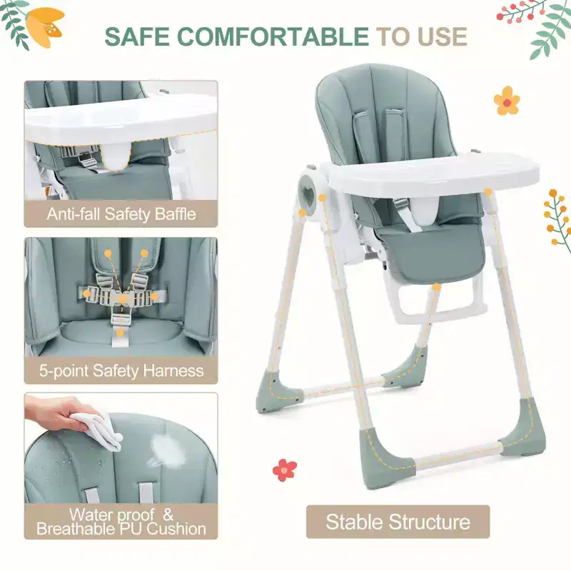 Foldable Baby Highchair with 5 Recline Positions, Removable Double Tray, 5-Point Harness