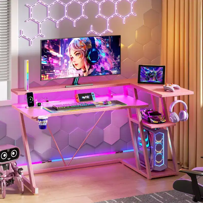L Shaped Corner Gaming Desk Pink Computer Table with Monitor Stand 3 Tier Storage Shelves Modern Gamer Desk Carbon Fiber Space Saving Setup