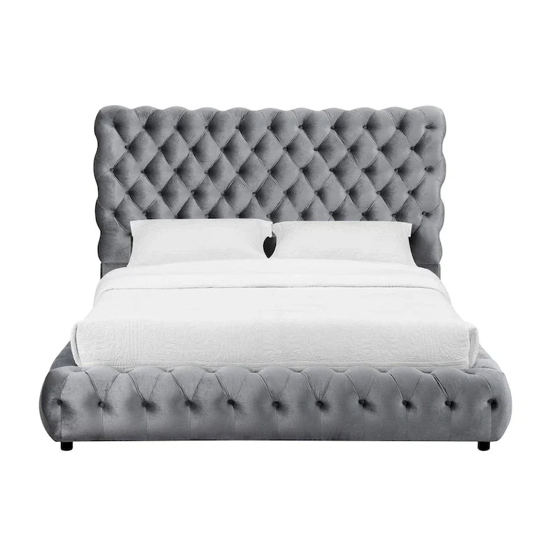 Black Upholstered King Bed with Tufted Headboard and Footboard