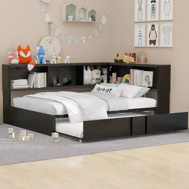 Full Size Daybed with Trundle and Bookcase, L-Shape Daybed with USB Ports, Wood Full Corner Bed with Storage Headboard