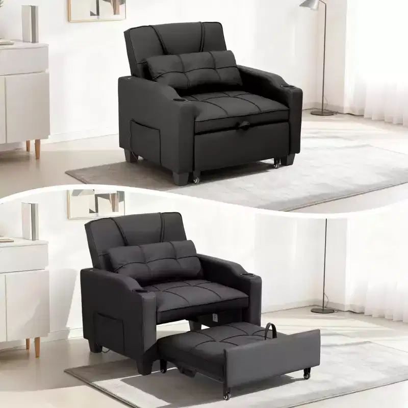 Convertible Reclining Sofa Bed with Vibration Massage Lumbar Pillow, Multi-Function PU Leather Sofa Chair, Chaise Lounge