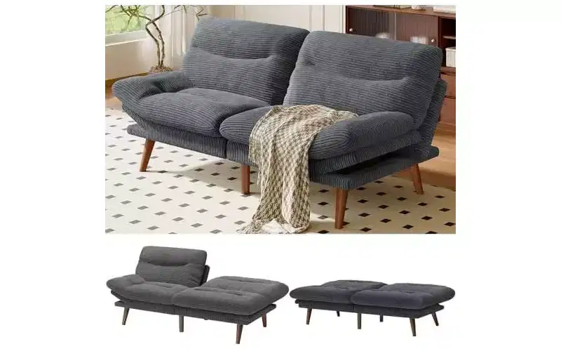 Futon Sofa Bed, Vintage Couch with 5-position Adjustable Backrest & Armrests, Futon Corduroy Couch for Efficient Home, Living Room or Office, Grey