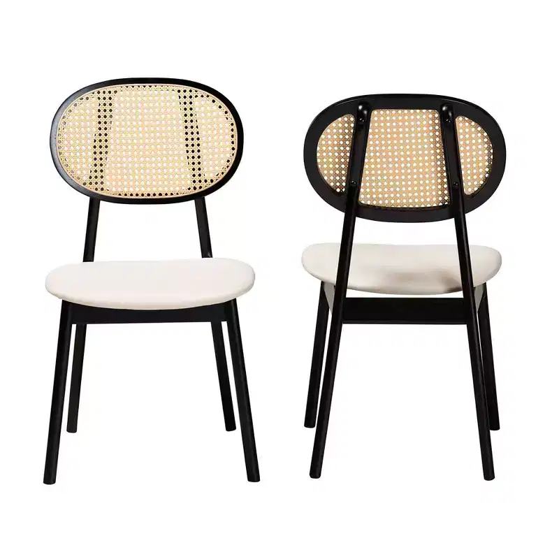 2pc Darrion Fabric and Wood Dining Chairs Cream/Black/Light Brown: Polyester Upholstery, Rubberwood Frame
