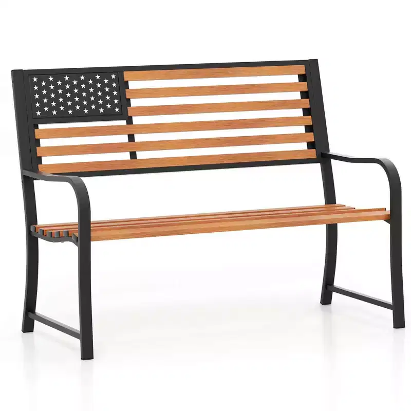 Costway 50 Outdoor Garden Bench with Flag Pattern Backrest & Rustic Wood Grain Finish