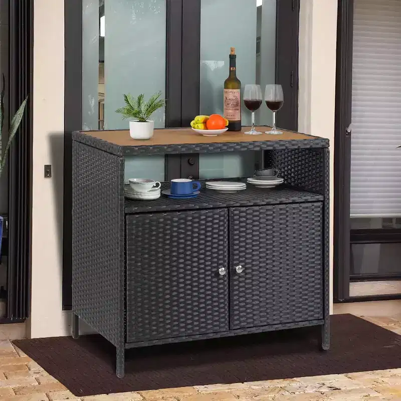 Outdoor Wicker Storage Cabinet with Shelf, 2-Door Patio Bar Table,All-Weather PE Rattan & Powder-Coated Steel,Garden/Pool Storage Organizer for Patio