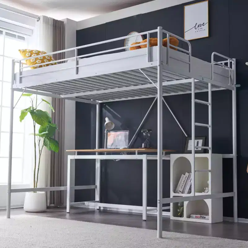 Full Metal Loft Bed for Kids, Loft Bunk Bed Frame with Stairs/Flat Ladder Rung, No Box Spring Required, White