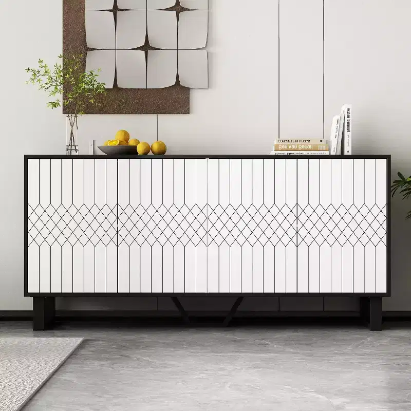 Famapy Modern Black & White Buffet Sideboard: Geometric Pattern Doors, Adjustable Shelves  Spacious Storage for Dining & Living Spaces