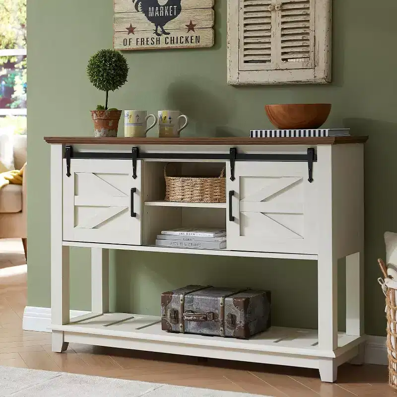 AMERLIFE Sofa Table with Sliding Barn Doors, TV Console Table, 46 Farmhouse Rustic Storage Entryway Table
