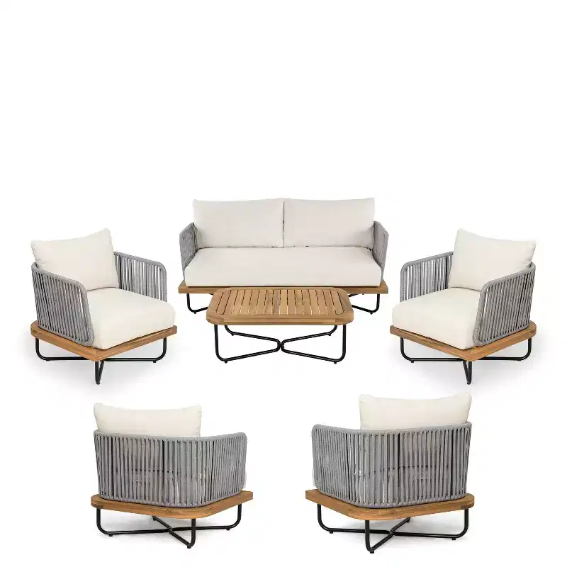 Christopher Knight Home Galen 6 Piece Outdoor Rope Woven Acacia and Iron Frame Upholstered Seating Set