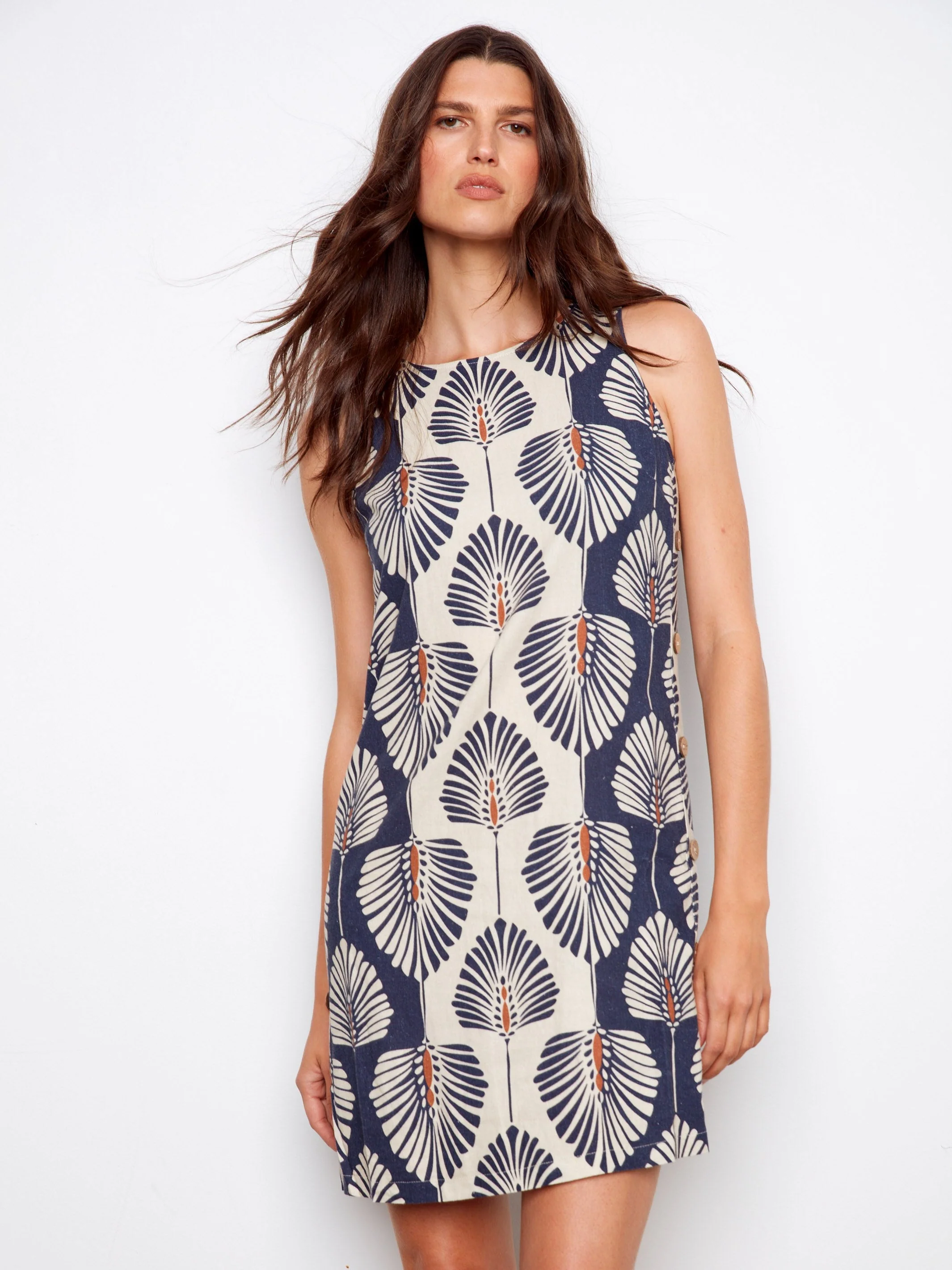Printed Sleeveless Linen Blend Dress - Tropical
