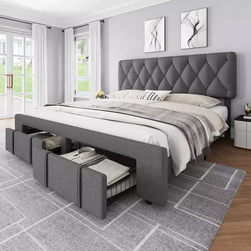 Bed Frame with 2 Drawers, Upholstered Platform Bed with Storage, No Box Spring Needed