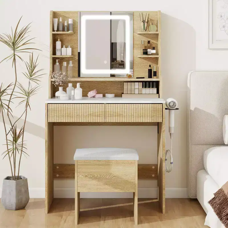 Makeup Vanity Desk With Mirror And Lights, 31.4 Dressing Table With Power Outlet And Storage Stool