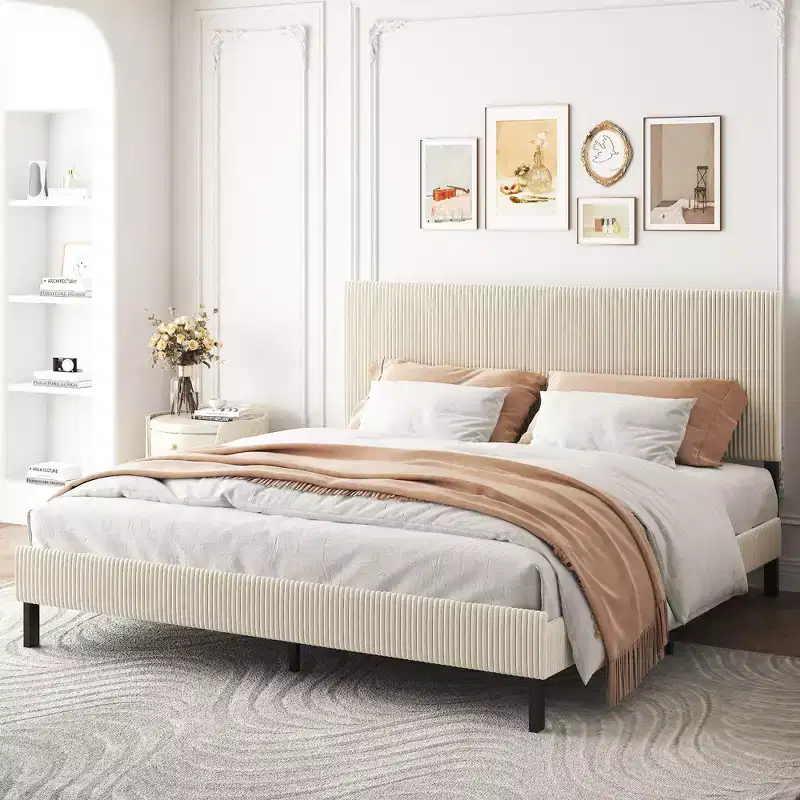 King Size Metal Platform Bed with Headboard, Bandaged Platform Bed Frame ,Antique Beige