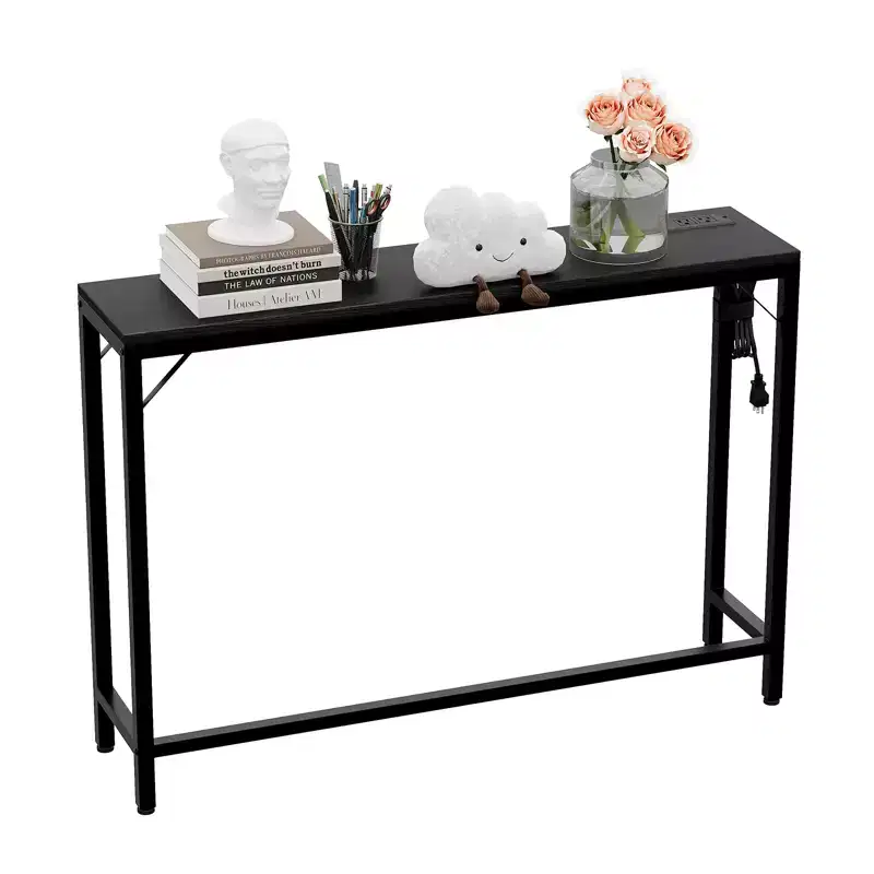 Narrow Black Console Table with Power Outlets & USB Ports, Slim Metal & Wood Accent Table