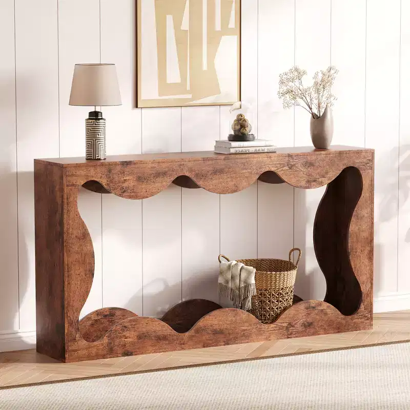 Rustic-style round-edge console table, 63 inches, with storage shelves, space-saving, suitable for entryway, living room, or hallway