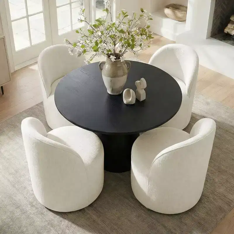 5-Piece Dining Table Set for 4, Modern Barrel Chair with Wheels and Chenille Upholstery, Black Round Pedestal Table-Panipeachy