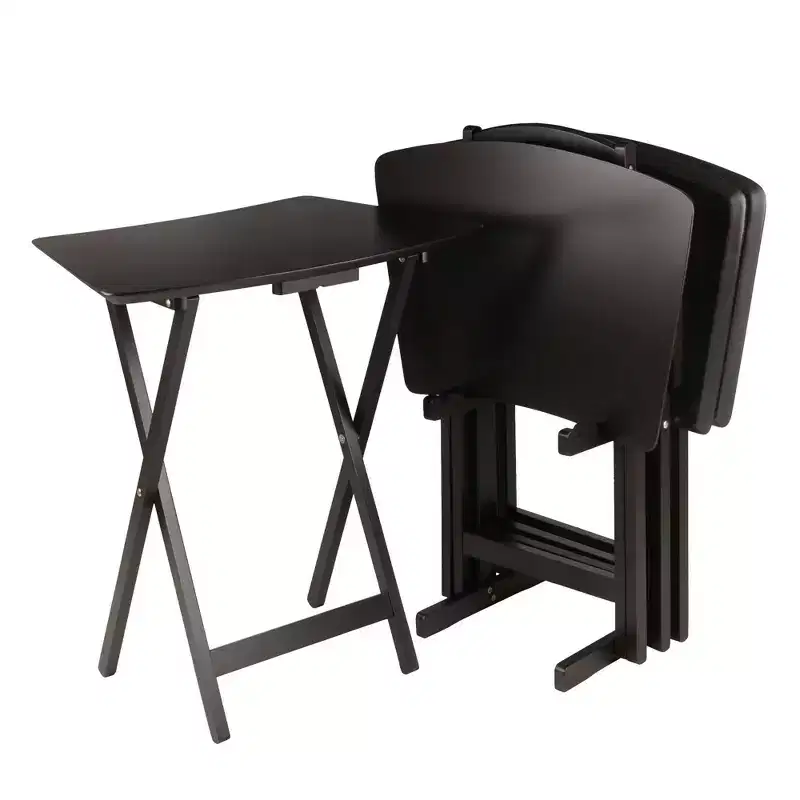 5pc Fan Shape Snack Table Coffee: Solid Wood Folding Tables, Beveled Edges, Storage Rack