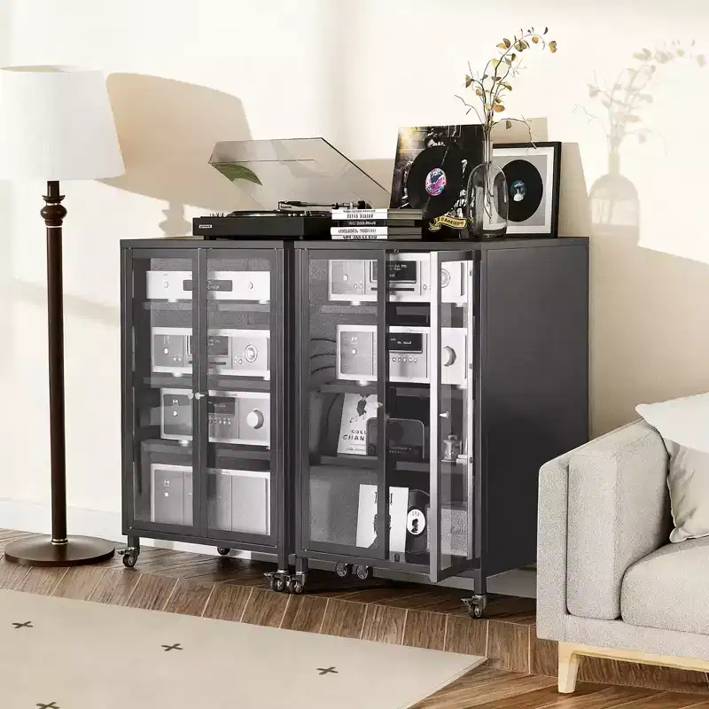 JVNOXK 35.8-inch Media Storage Cabinet, AV Stereo TV Stand with 4 Adjustable Glass Shelves and Cabinet Doors,Heavy Steel Frame for Living Room, Black