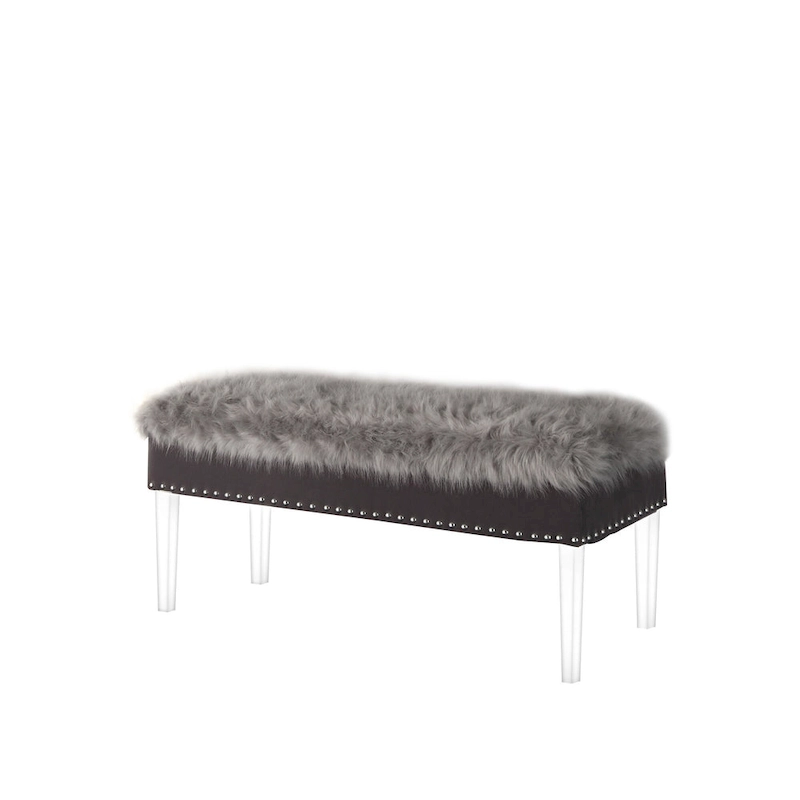 HomeRoots 42 Gray and Clear Upholstered Faux Fur Bench with Flip top
