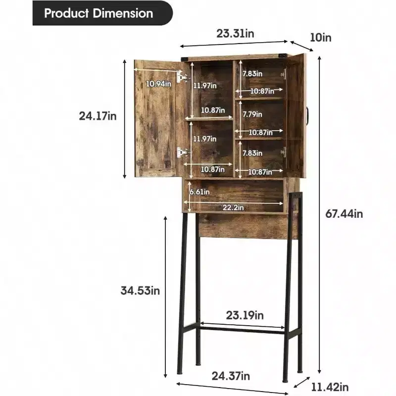Over Toilet Storage Cabinet with 2-Door Design, Anti-Tip Device and Bathroom Organizer