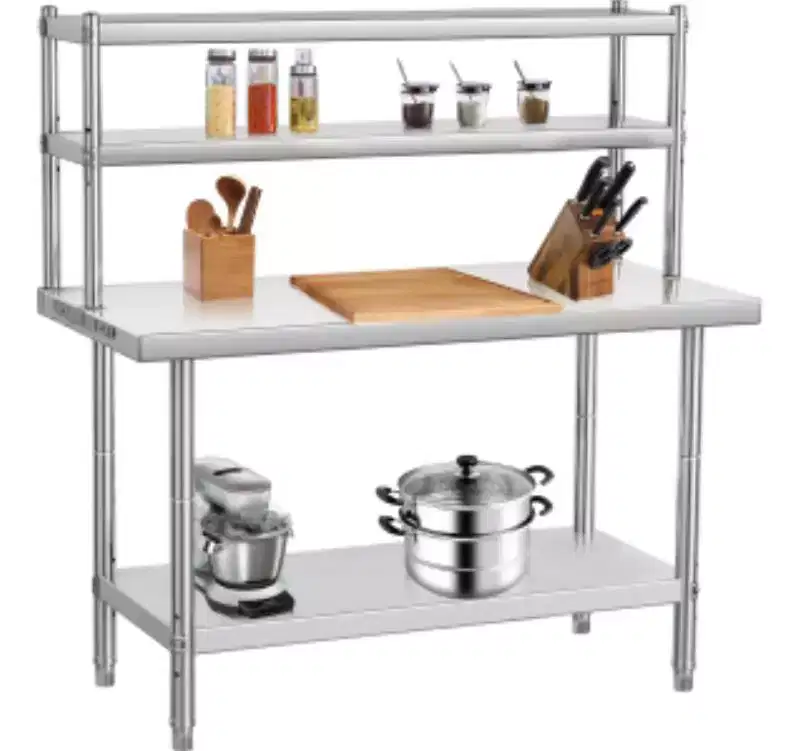 Custom Stainless Steel Kitchen Workbench with Double-layer Tabletop Shelf