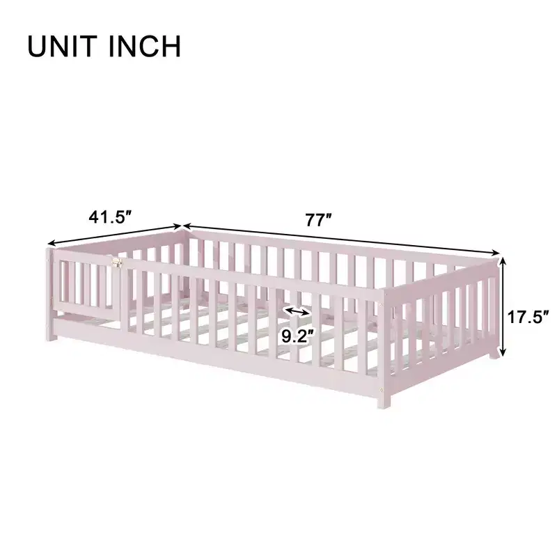 Luxystar Twin Size Floor Bed with Fence and Door for Kids' Room