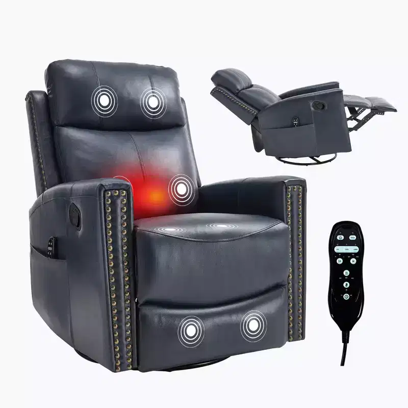 Genuine Leather Heat Massage Manual Recliner Chair with Rocker and Swivel