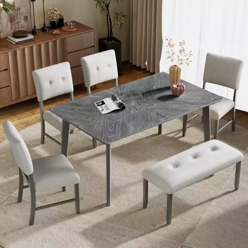 6 Piece Wood Dining Room Table Set, Dining Room Rectangular Table with 4 Upholstered Chairs and Bench