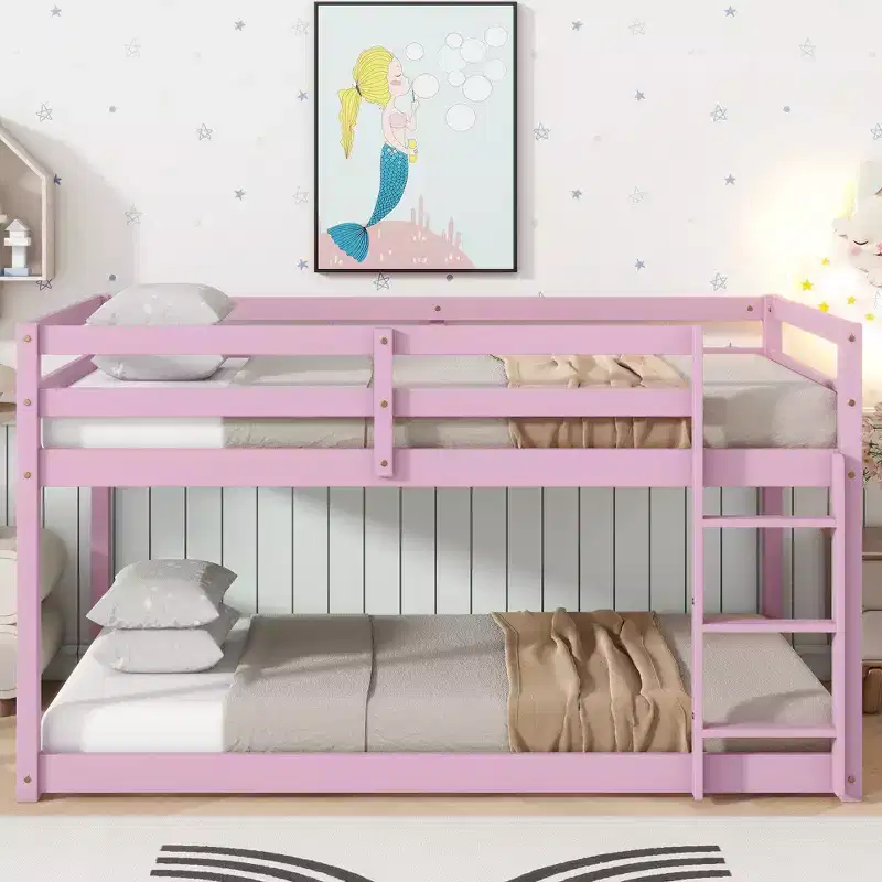 MATEERTY Solid Wooden, Twin Floor Bunk Bed wit Ladder, Upper and Bottom Bed Platforms Crafted with Stregthened Slats Pink