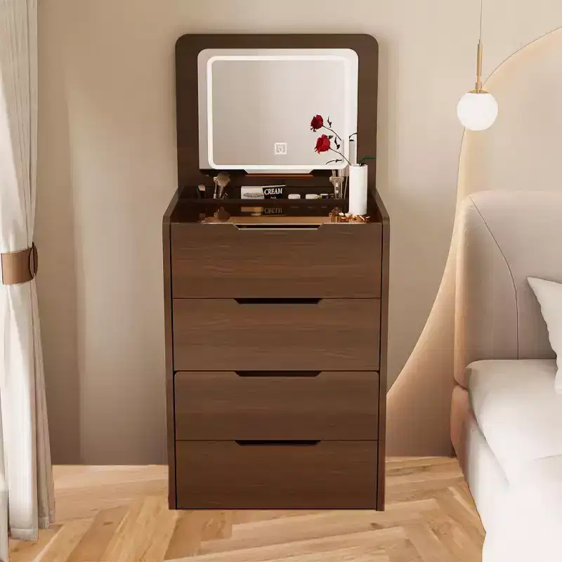 Okak 23.6 3-in-1 Vanity Table and Stool Set with Flip-Top Mirror,Compact Makeup Vanity with Visible Glass Desktop and 3 Drawers,Walnut