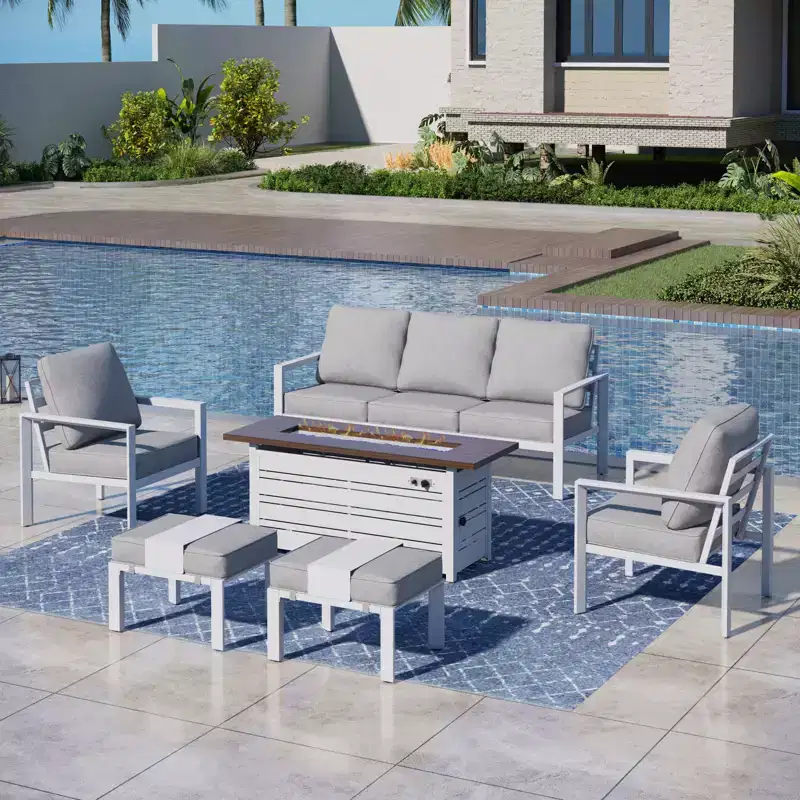 Captiva Designs 6pc Aluminum Outdoor Patio Fire Pit Set with Ottoman