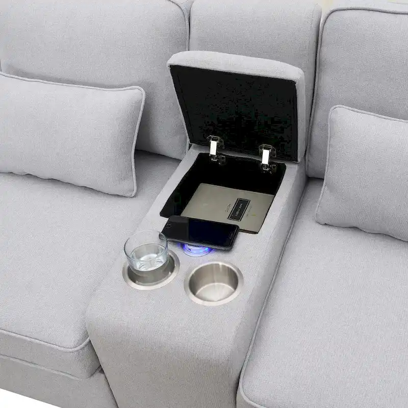 Modern Linen Fabric Upholstered Sofa with Console, 4Pillows,Cupholders,USB