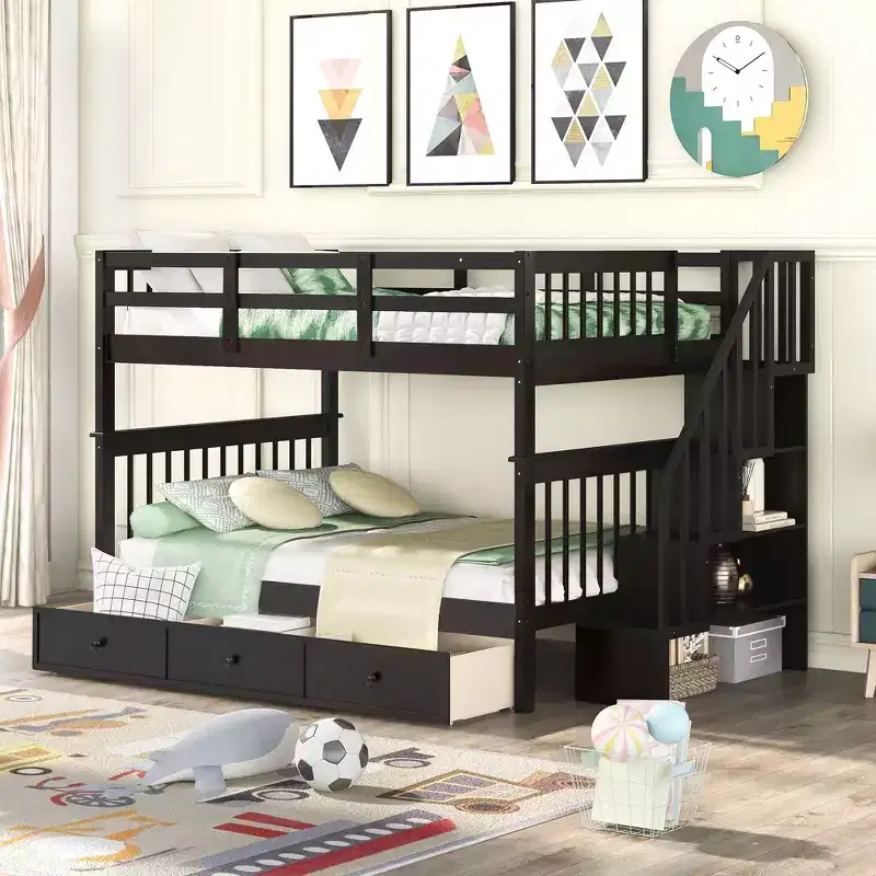 Whisen Stairway Full-Over-Full Bunk Bed with Drawer, Storage and Guard Rail for Bedroom