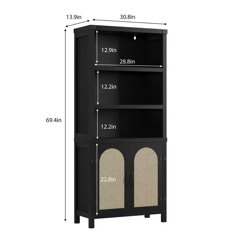 Farmhouse Bookshelves and Bookshelves with Door, 70 High Bookshelves with Three Levels of Open Storage, for Home, Office, Living Room, 2pcs, Black