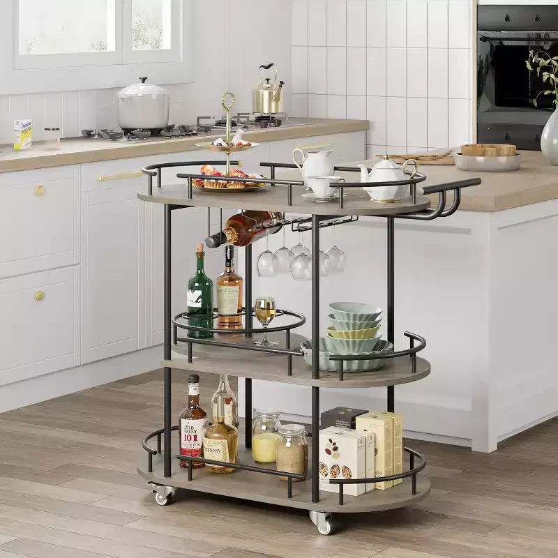Bar Carts with 4-Tiers Storage ShelvesMobile Bar Seving Carts On Wheels with Wine Rack and Glass Holder for Kitchen, Dining Room, Living Room