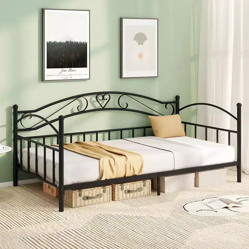 Twin Size Metal Daybed Frame with Headboard & Heavy-Duty Metal Slats